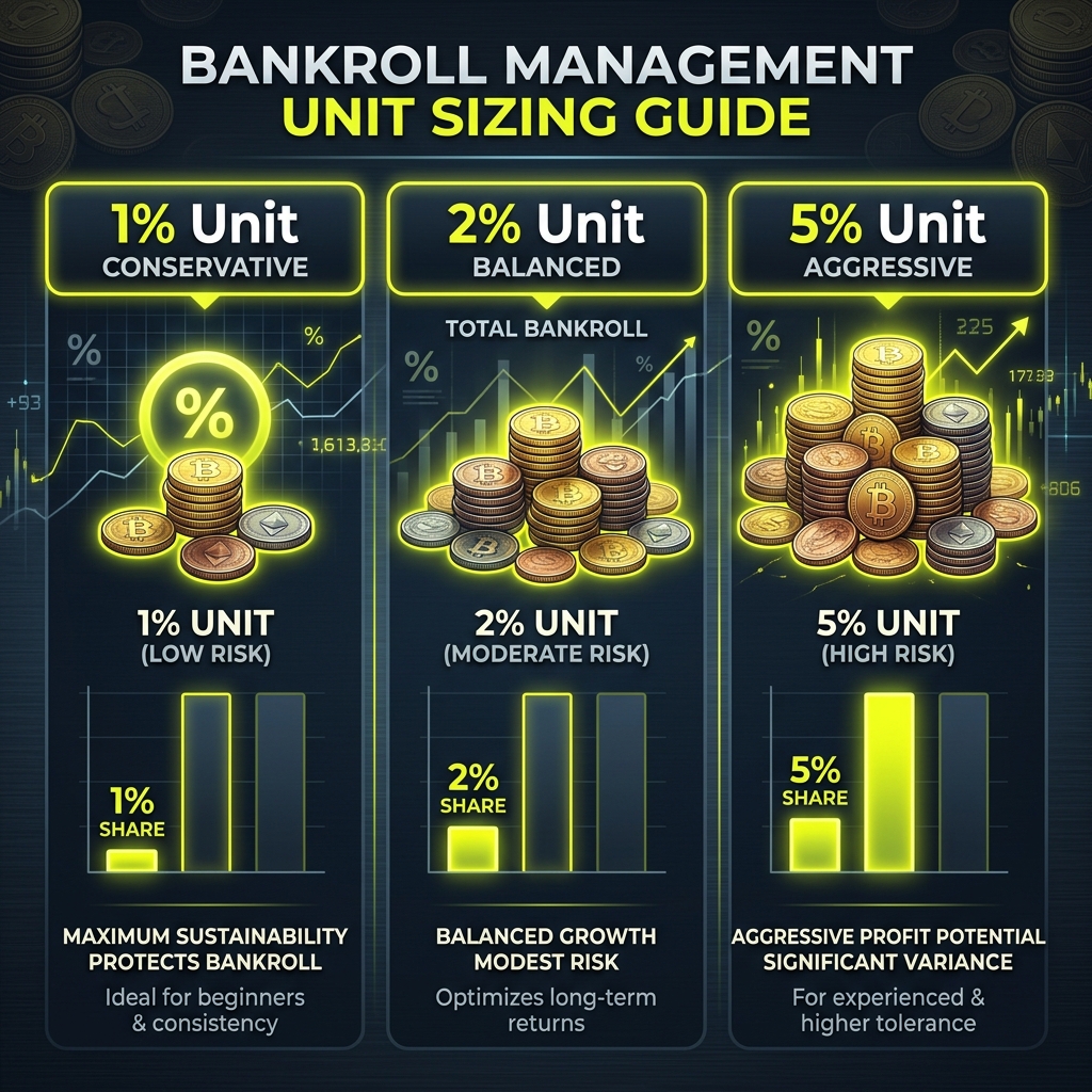 Bankroll management unit sizing infographic layout displaying 1% low risk, 2% moderate, and 5% aggressive unit guides.