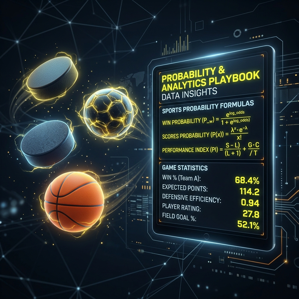 Vibrant sports probability and analytics playbook tablet graphic displaying formula breakdowns.