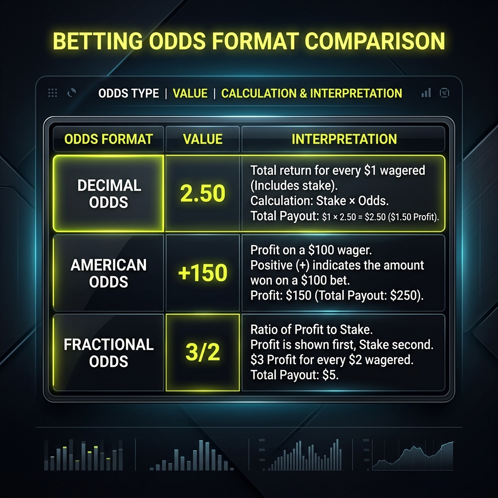 Betting odds format comparison chart comparing Decimal, American, and Fractional formats with calculations.