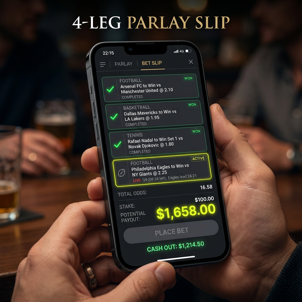 A 4-leg parlay bet slip on a mobile device showing won legs and one active leg with potential payout highlighted.