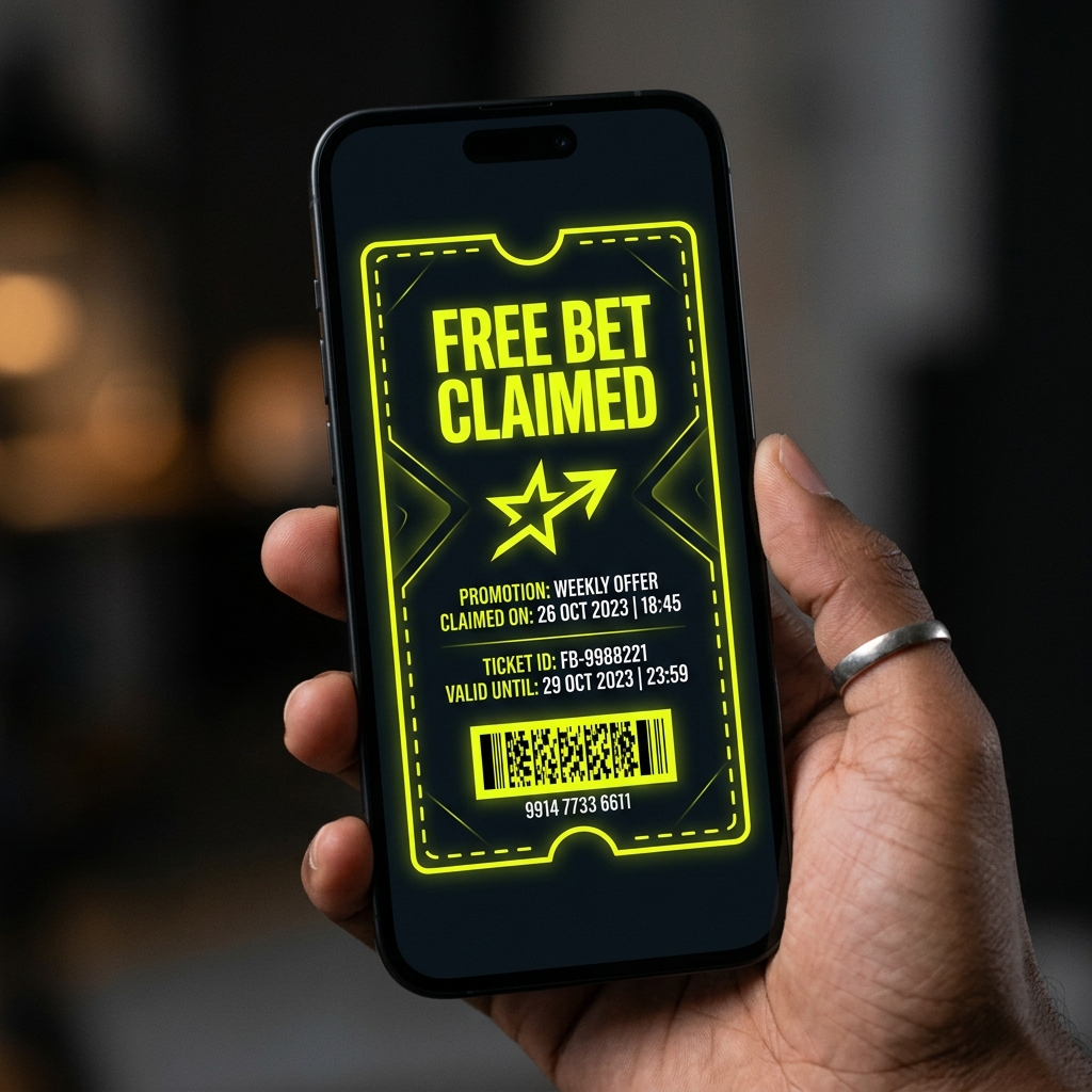Mobile smartphone interface displaying a neon yellow Free Bet ticket successfully claimed.