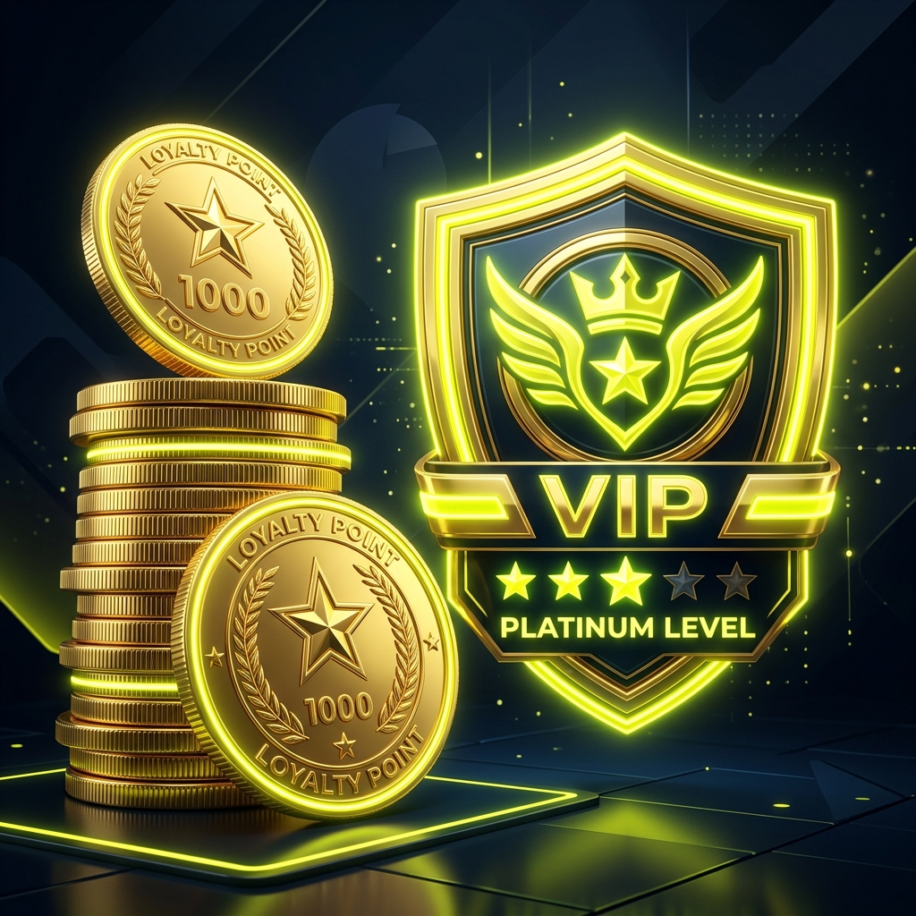 Premium metallic gold loyalty coins stack with a detailed VIP platinum level shield badge glowing with bright yellow accents.