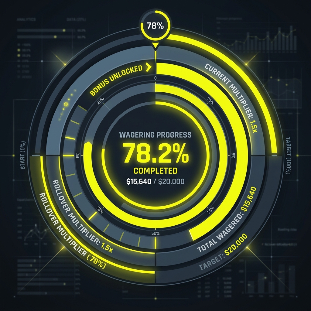 High-tech radial analytics chart tracking active wagering rollover completion percentage in vibrant yellow neon highlights.