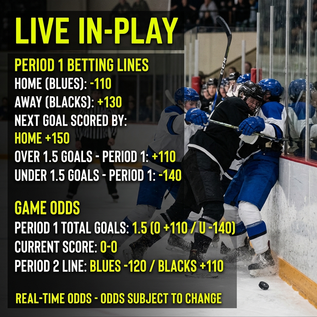 In-play live hockey match on the ice with live odds and goal scoring options overlay.
