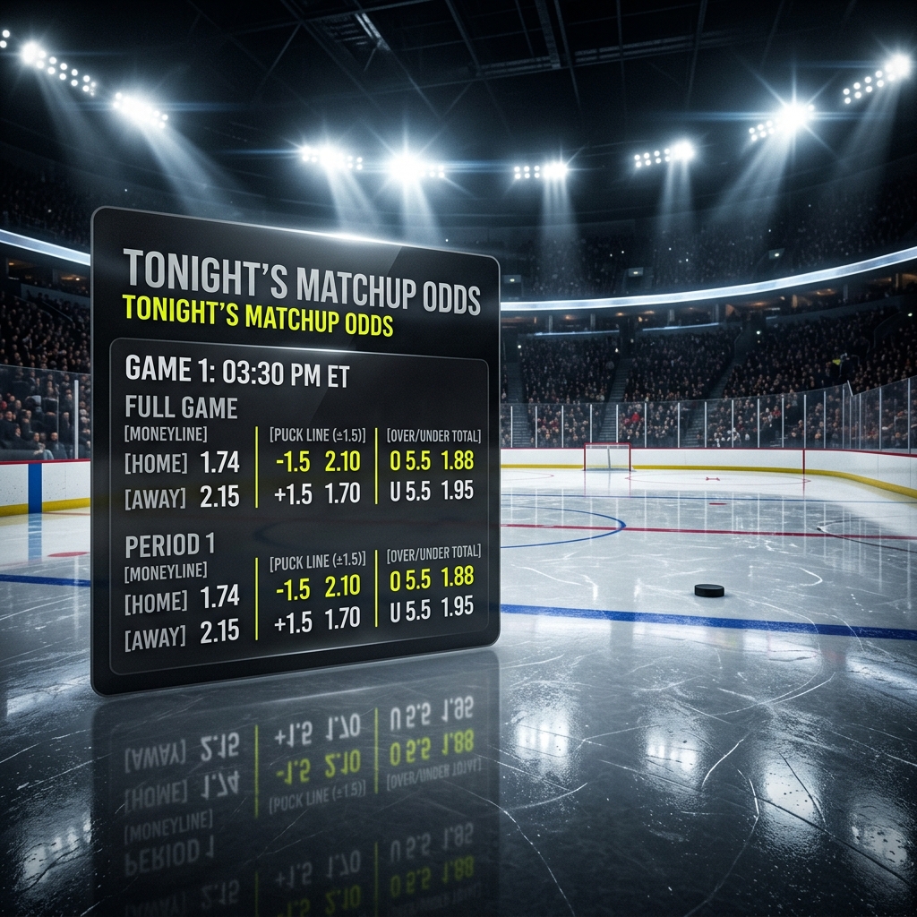 Ice hockey match odds and full game puck line markets displayed on a digital betting dashboard.