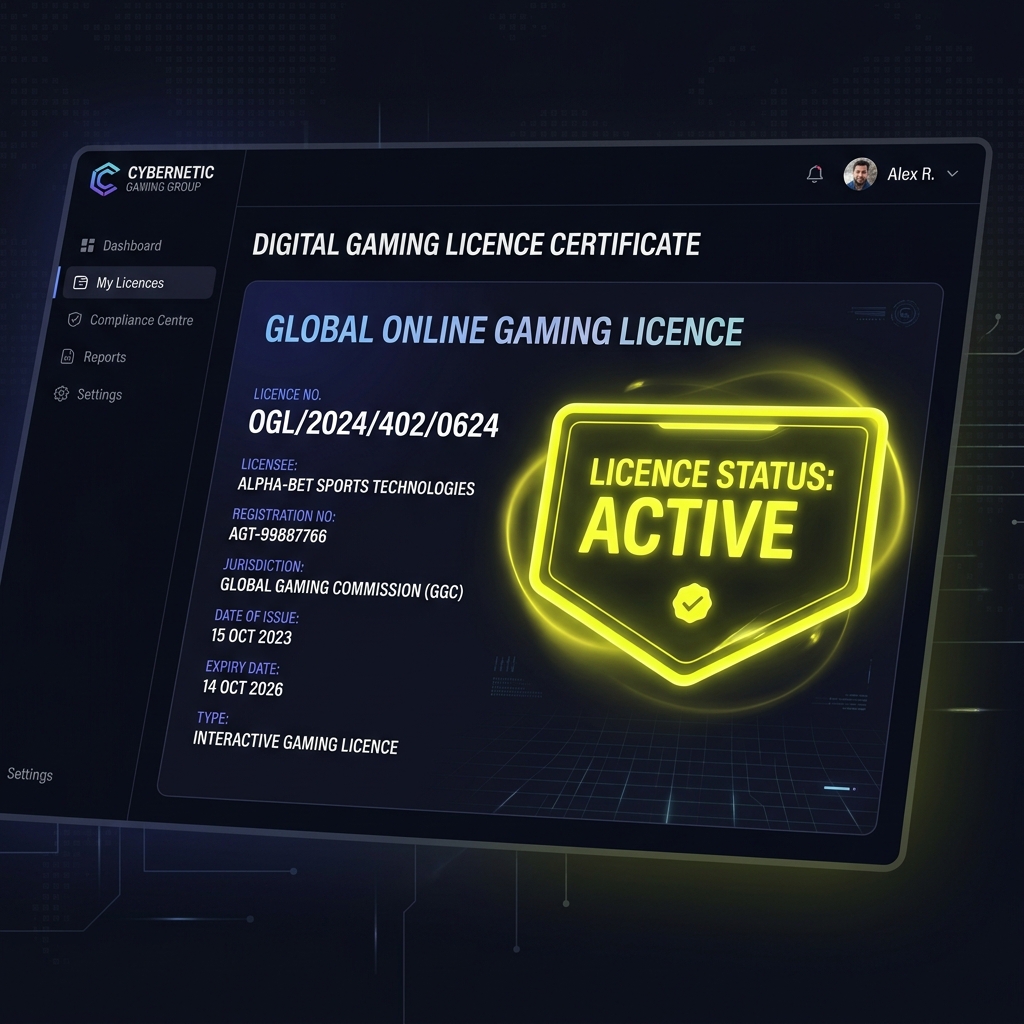 Digital compliance certificate displaying Parimatch active licence details and number OGL/2024/402/0624 in neon yellow frame.