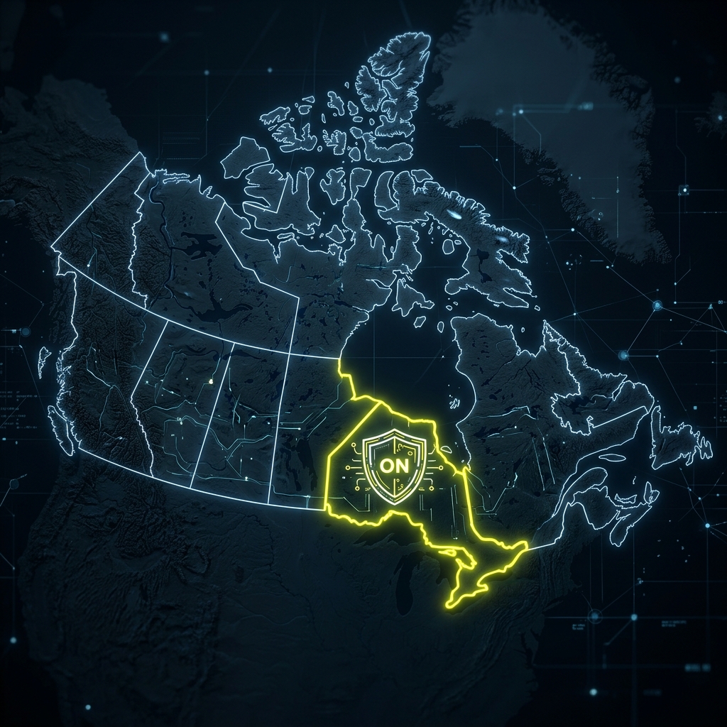 Stylized map outline of Canada highlighting Ontario regional borders with a shield badge overlay.