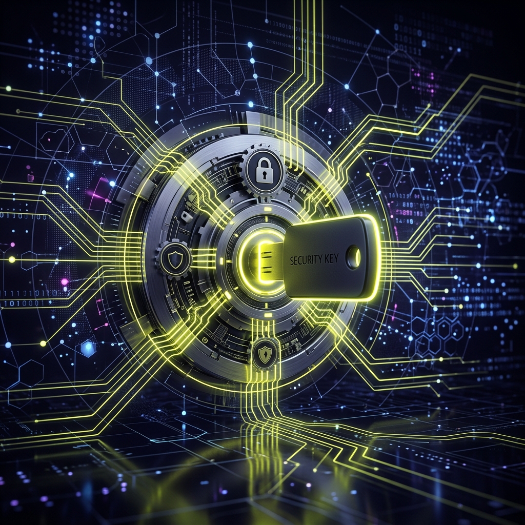 Stylized glowing lock and USB security hardware key on a digital circuit board diagram highlighted in yellow.