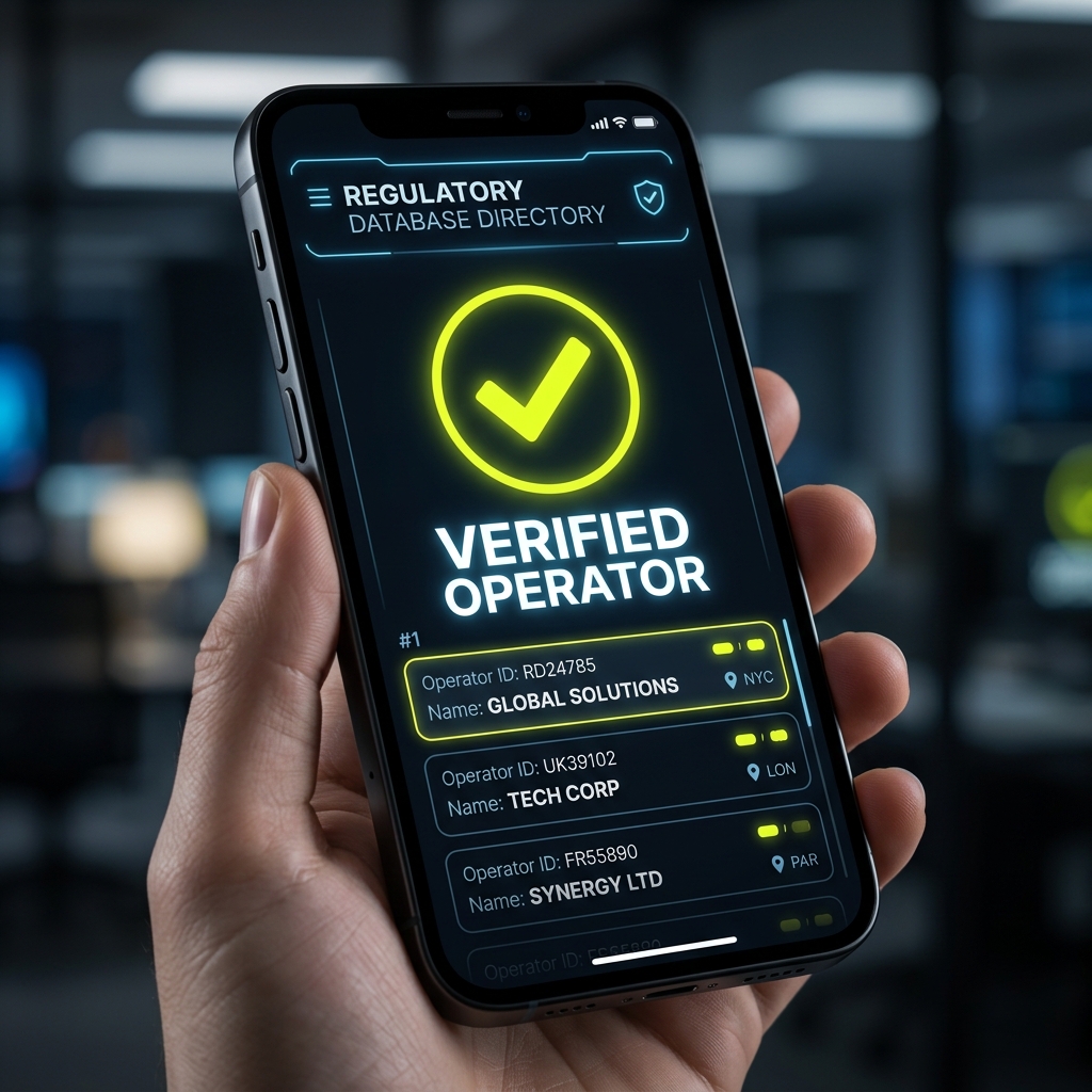Smartphone screen showing verified status in a regulatory database directory with custom yellow neon checkmarks.