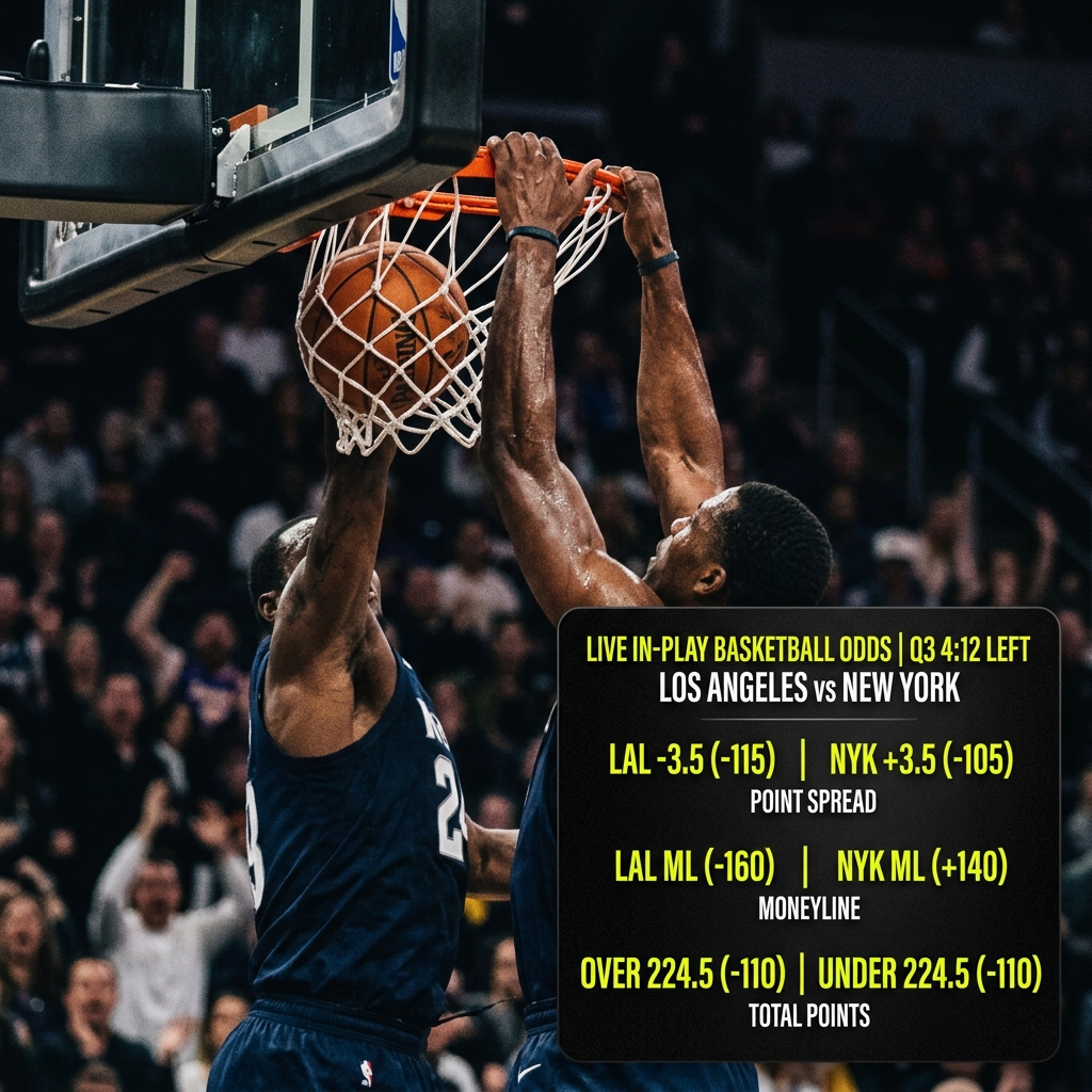 In-play live basketball match featuring a slam dunk and a digital odds overlay card showing point spreads and totals.