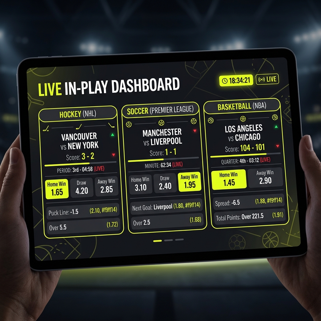 Real-time live in-play sports betting dashboard displayed on a tablet screen showing active odds for hockey, soccer, and basketball.
