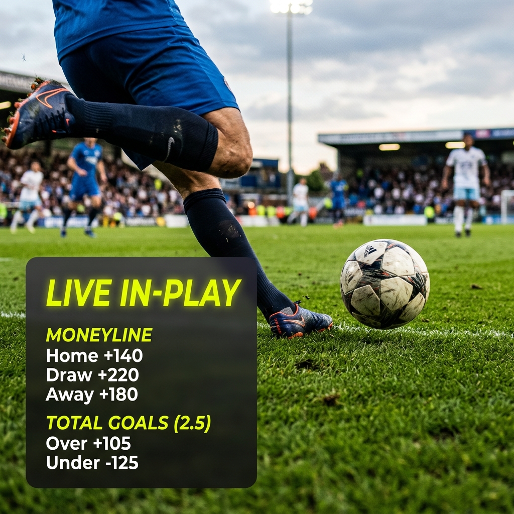 In-play soccer match close-up with glowing live betting overlay panels showing moneyline and total goals odds.
