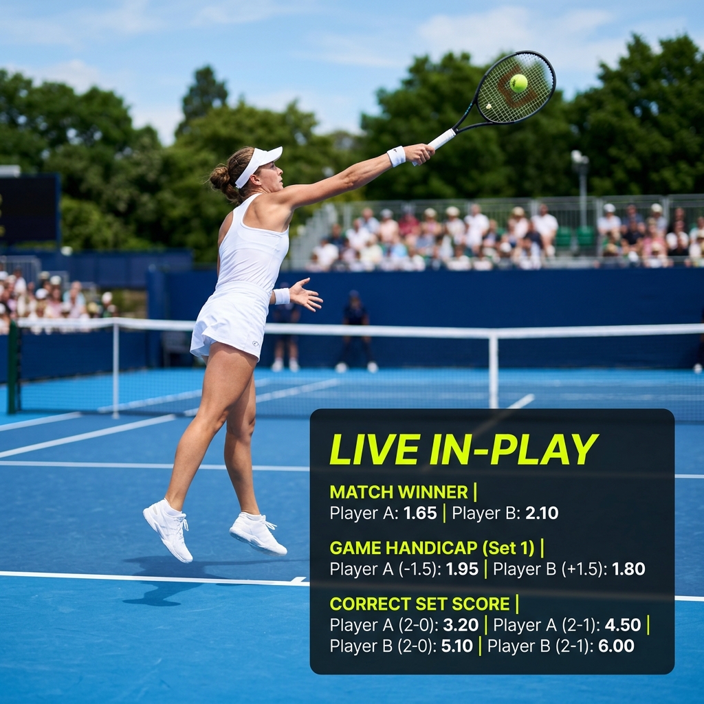 In-play live tennis match server with an overlay showing match winner and correct set score odds.