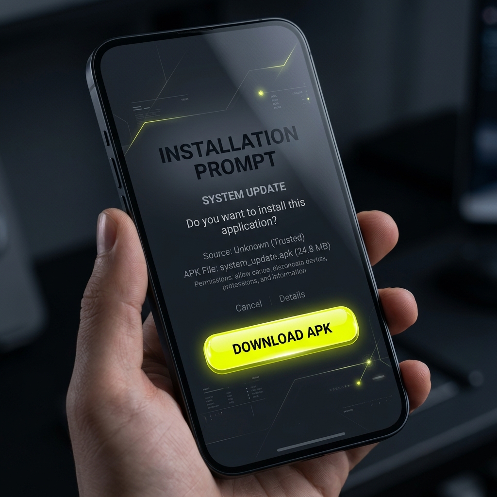 Close-up of a mobile smartphone screen showing an installation prompt and a glowing neon yellow APK download button.