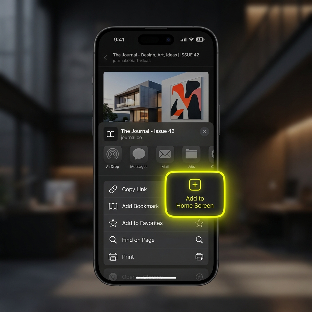 iPhone browser layout showing share menu details with Add to Home Screen shortcut options highlighted in glowing yellow.