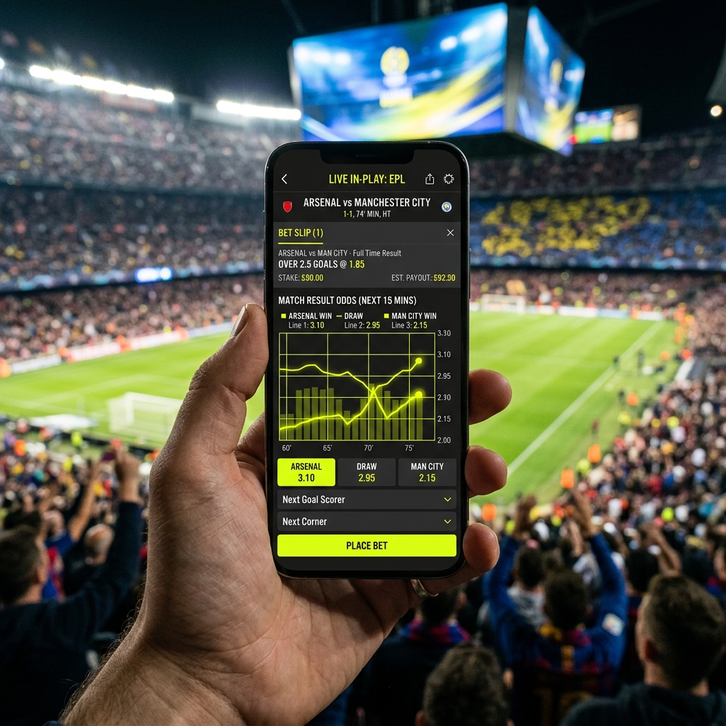 Hands holding a smartphone in a blurry soccer stadium displaying live match odds feeds, analytics graphs and an active bet slip.