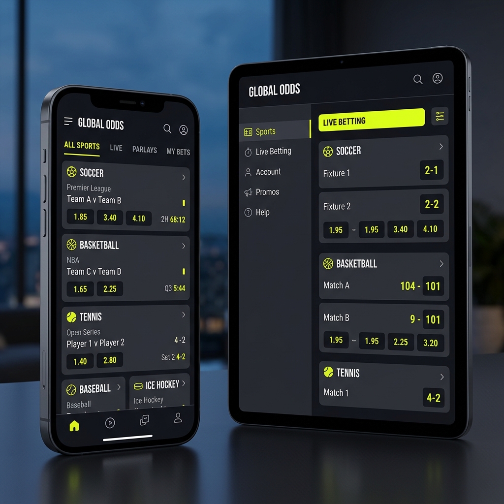 Side-by-side tablet and smartphone mock-ups displaying the Parimatch dark-themed sports betting app layout with neon yellow highlights.