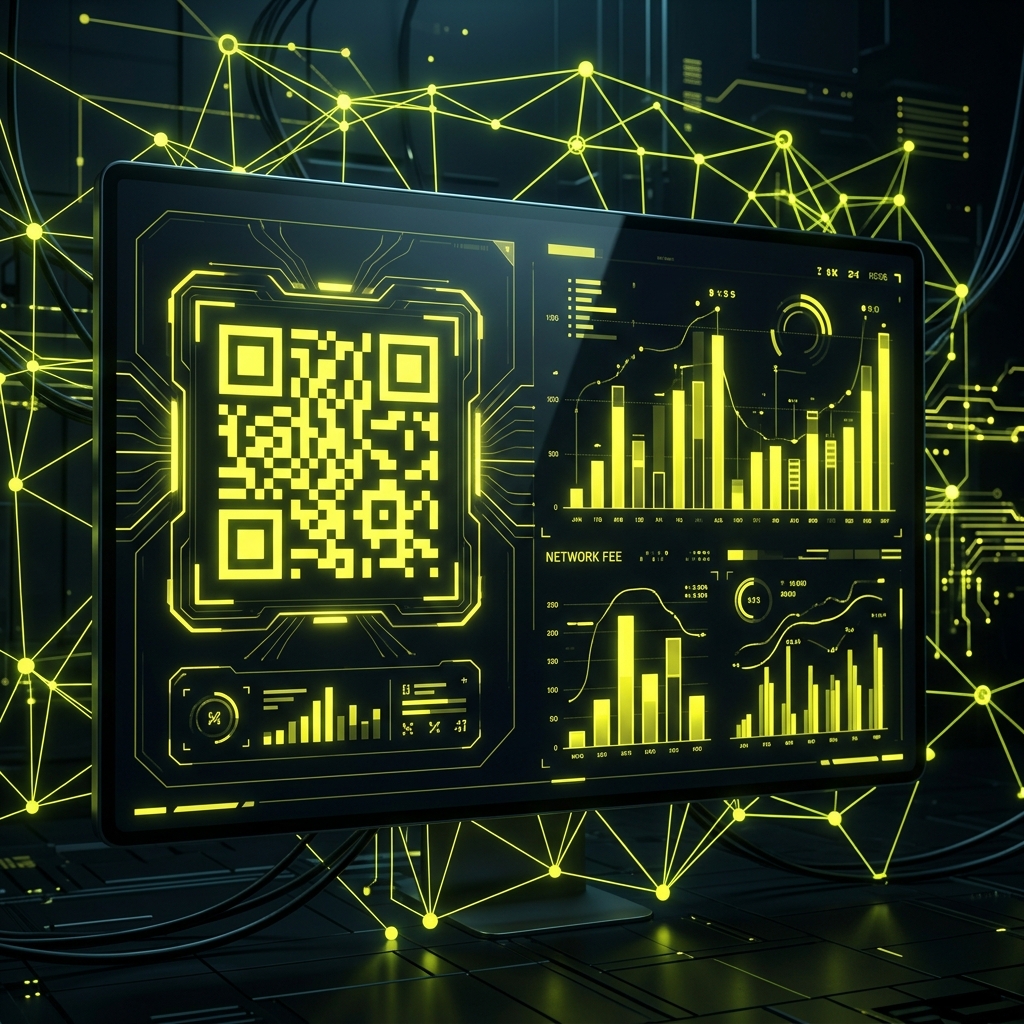 Glow digital dashboard showing a cryptocurrency deposit screen with QR code mockups and network fee tracking modules in yellow.