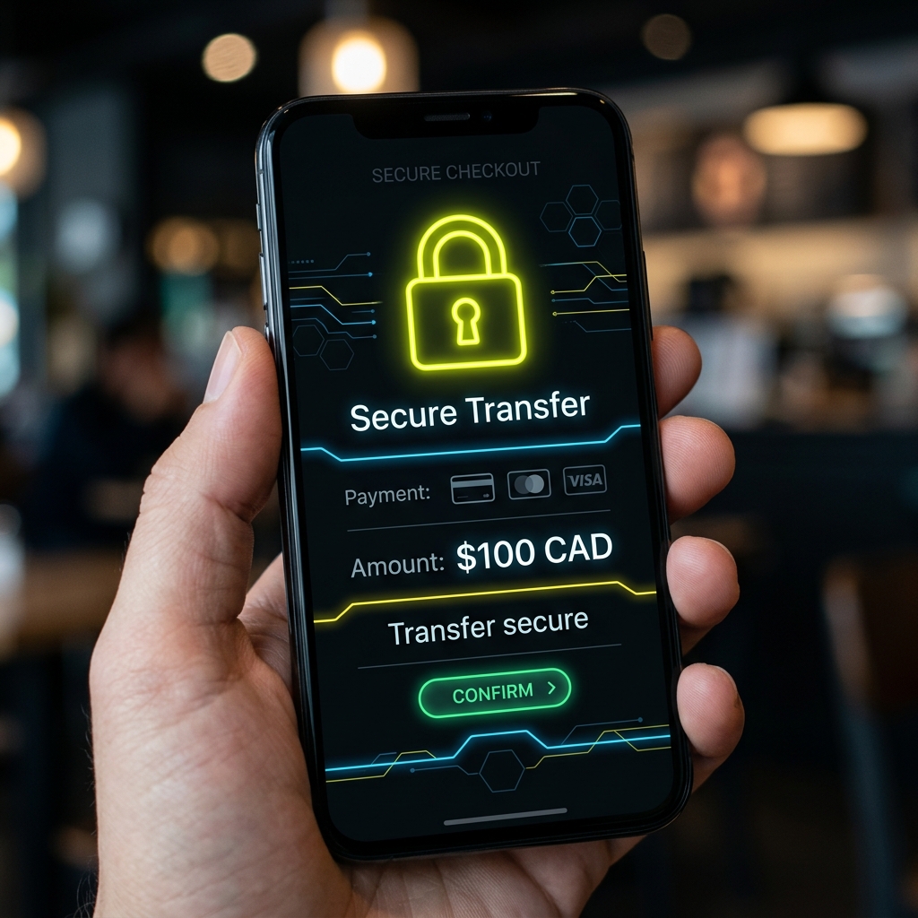 Mobile smartphone screen presenting a secure banking checkout interface featuring a neon yellow padlock and a 100 CAD transfer amount.