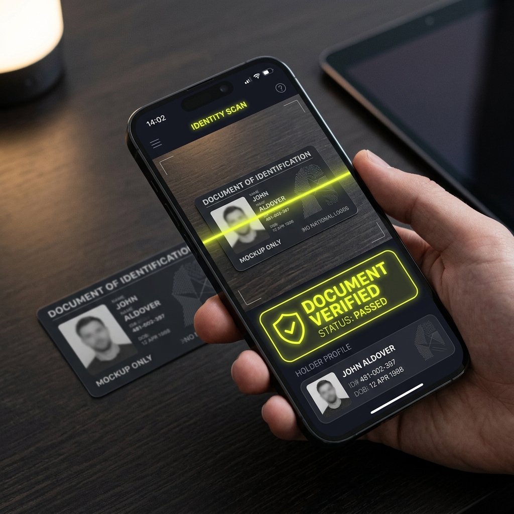 Smartphone screen overlay presenting KYC Identity verification details showing document scan verified status.