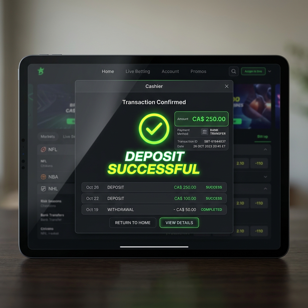 Sleek premium dark-themed tablet showing a deposit success cashier notification screen in brand yellow highlights.