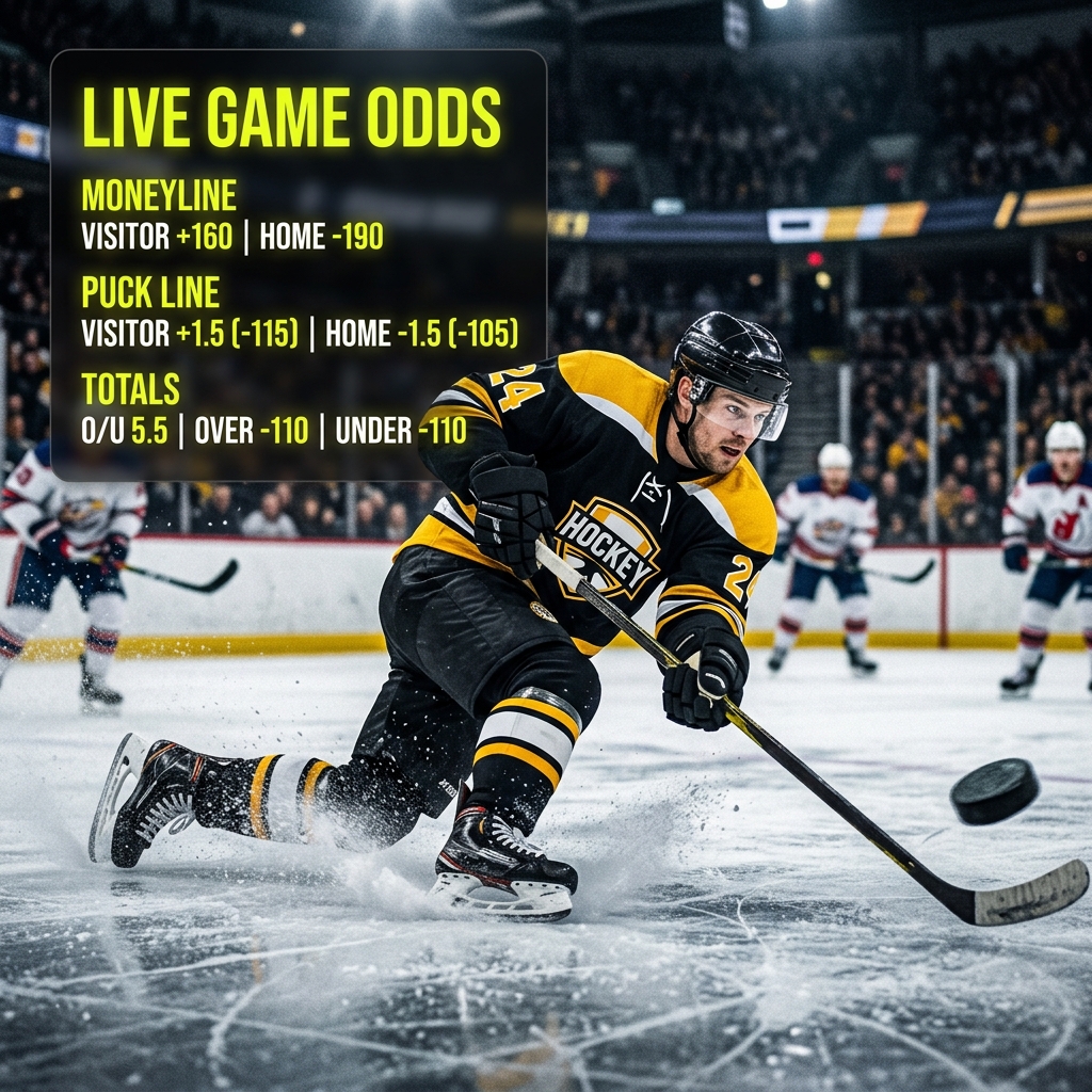 Sleek visual of an NHL ice hockey player on the ice with live odds and bet slip overlay details.