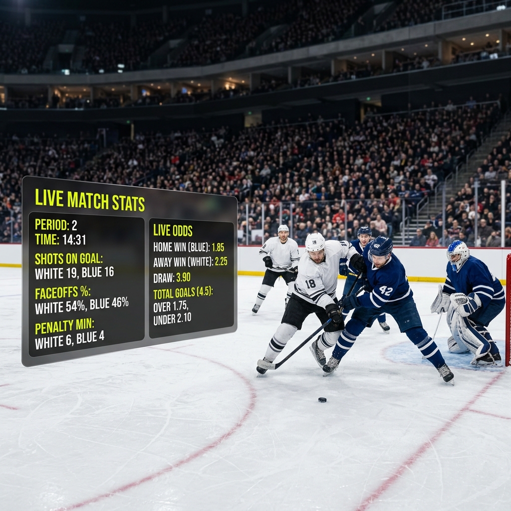 Illustrative visual of a live ice hockey match inside a stadium with dynamic odds overlays showing BOS and NYR betting metrics.