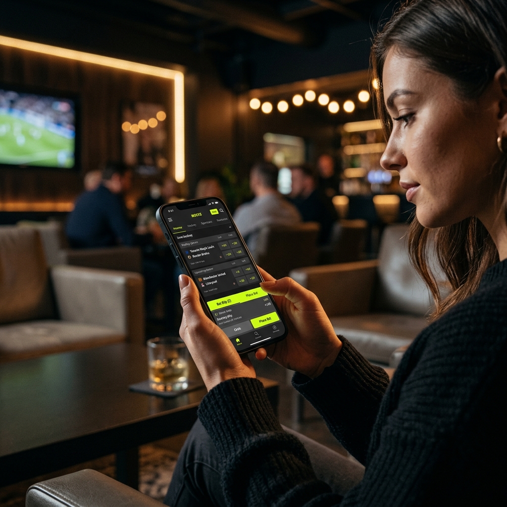 A modern sportsbook mobile application dashboard displaying live betting markets with black and yellow branding, held by a player looking at the odds.