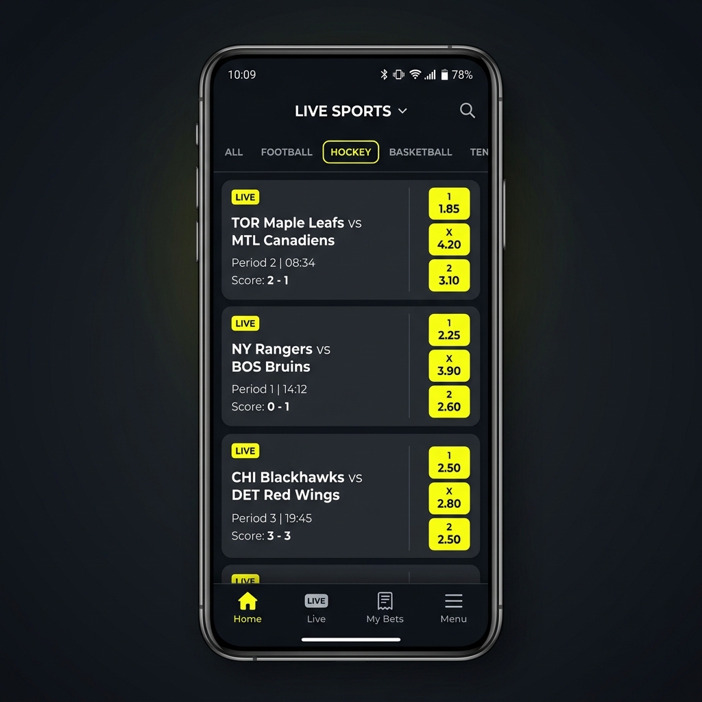 Mockup of the Parimatch mobile sports betting app, showing active soccer and live ice hockey lists on a dark UI screen.